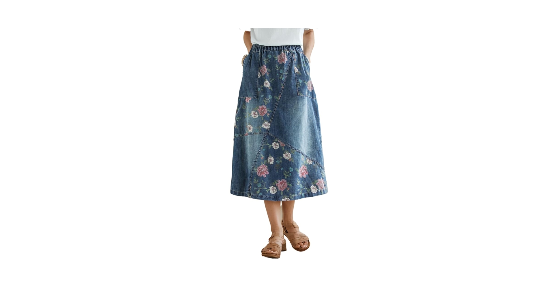 Amazon.com: Womens Floral Print Denim Skirt Knee Length